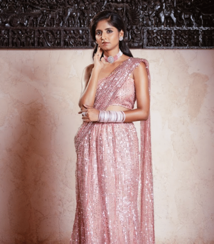 Peach Sequin Draped Saree